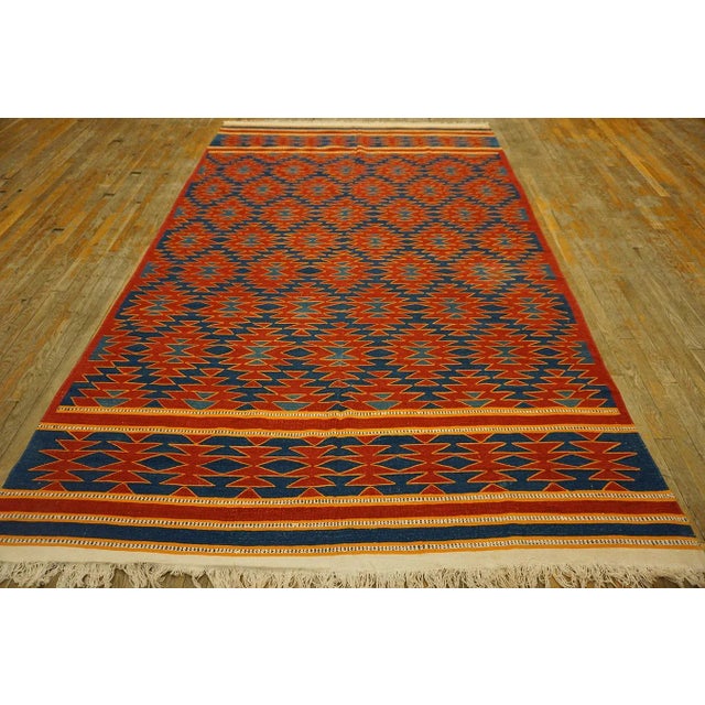 1930s Red Blue Diamond Tribal Antique Indian Cotton Dhurrie Carpet 6' X 9'7" Flatweave Cotton Rug For Sale - Image 4 of 13