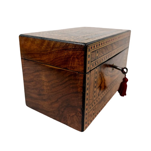 Victorian 19th Century Victorian English Burl Walnut Tea Caddy With Tunbridge Ware Inlay For Sale - Image 3 of 10