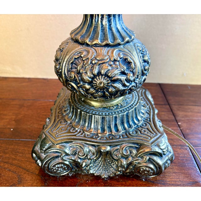 Brass Vintage Loevsky & Loevsky Hollywood Regency Brass Table Lamp – L&l 43” Tall Moroccan Filigree Shade – Metal Casting Co. – Large Ornate Statement Lamp For Sale - Image 8 of 12