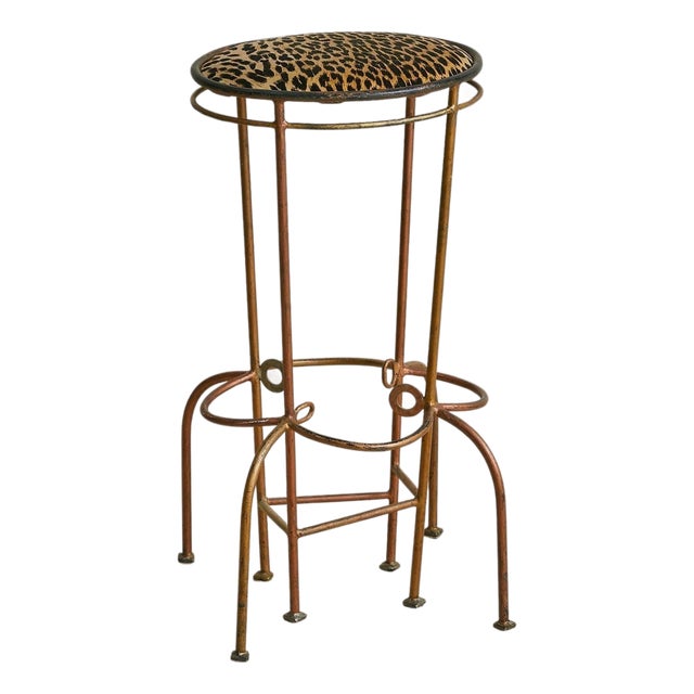 Vintage Custom Italian Metal Bar Stool with Leopard Upholstery - 2 Available For Sale