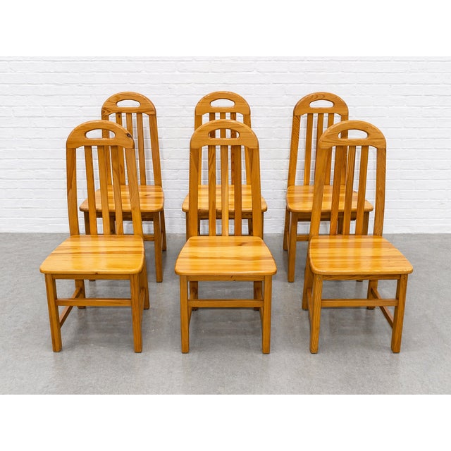 Brown Vintage Solid Wood Slat Back Dining Chairs, Set of 6 – Scandinavian Minimalist Chairs, Light Oak Wood, Modern Farmhouse Seating For Sale - Image 8 of 12