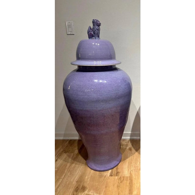 Chinoiserie Temple Jars 1980s Purple Pottery a Pair 49” Tall For Sale - Image 3 of 12