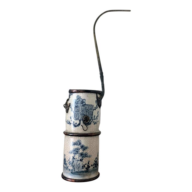 Antique Asian Blue and White Ceramic Water Vase Pipe For Sale