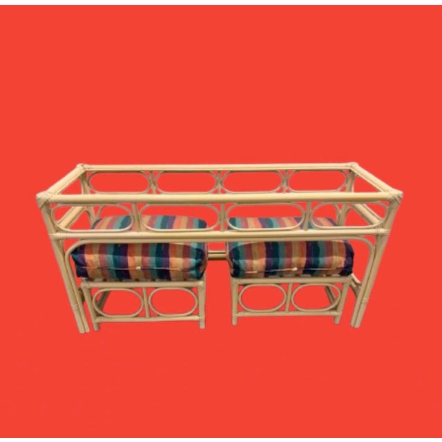 Vintage coastal console table with 2 matching ottomans circa 1970s The 2 ottomans tuck neatly beneath the console, a very...