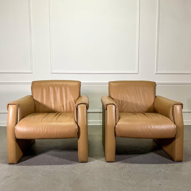 Post Modern Slab Sided Tan Leather Club Chairs - a Pair For Sale - Image 4 of 8