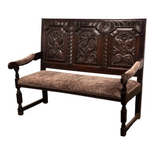 Antique English 17th Century King Charles II Carved Oak Settle Sofa Bench 1680 For Sale