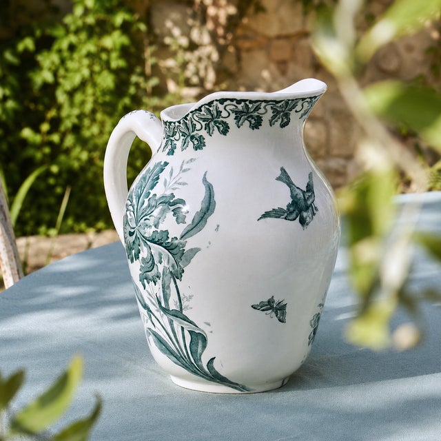 Exquisite and very large antique pitcher/jug (or carafe/vase), late 19th century, stamped Moulin des Loups, “Orchids”...