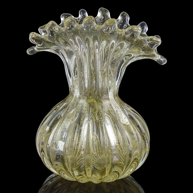 Hollywood Regency Murano Vintage Clear Gold Flecks Bibbles Italian Art Glass Fan Shaped Scissor Cut Rim Flower Vase For Sale - Image 3 of 9