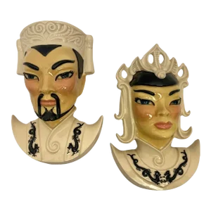 Mid-Century Pair of Ceramic Manchu & Lotus Wall Pockets