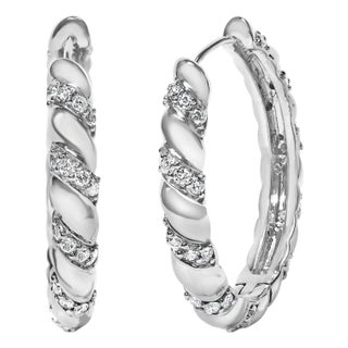 14K White Gold 1 1/5 Cttw Lab Grown Diamond Swirl Design 1" Inch Hoop Earrings (F-G Color, VS1-VS2 Clarity) For Sale