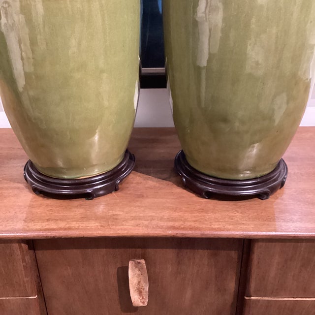Late 20th Century Hollywood Regency Monumental Olive Green Ceramic Lamps With Satin Brass Hardware and Linen Drum Shades - a Pair For Sale In Atlanta - Image 6 of 11
