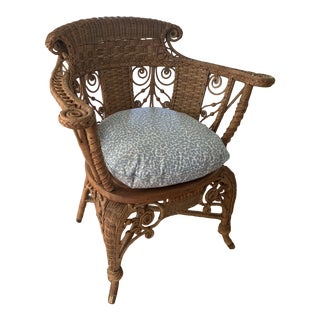 Antique American Victorian Natural Wicker and Rattan Arm Chair With Sister Parish Down Cushion For Sale