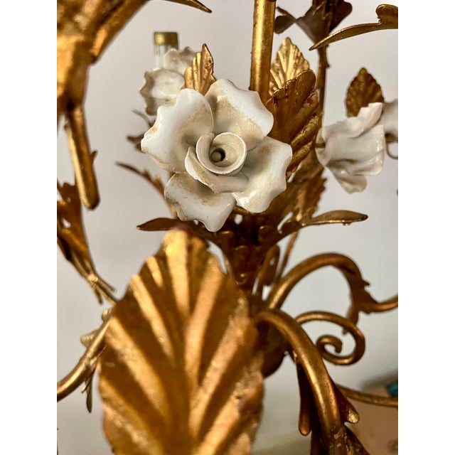 Vintage Italian Style Gilt Tole Chandelier With Porcelain Roses For Sale - Image 11 of 12