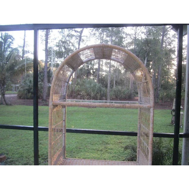 1980s Vintage Wicker Rattan Entertainment Center Three Glass Shelf One