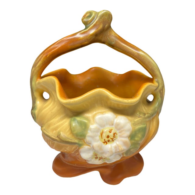 Vintage Weller Pottery Cameo With White Rose Planter Bowl With Handle For Sale
