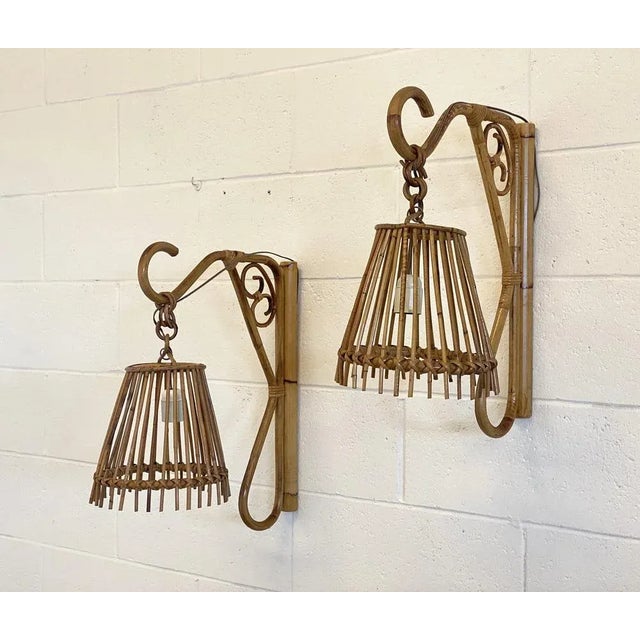 Wall Lamps in Wicker and Bamboo, 1970s, Set of 2, in Very Good conditions. Designed 1970 to 1979 European Plug (up to...