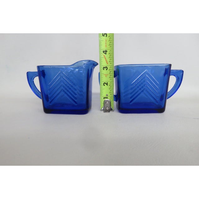 Mid 20th Century Hazel Atlas Cobalt Blue Glass Sugar Bowl and Creamer Set Chevron Pattern For Sale - Image 9 of 14