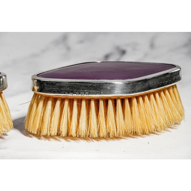 Wonderful Antique English Hallmarked Sterling Silver Vanity Brush Set Presentation Box Purple Celluloid Guilloché Style Edwardian Home Decor For Sale - Image 10 of 18