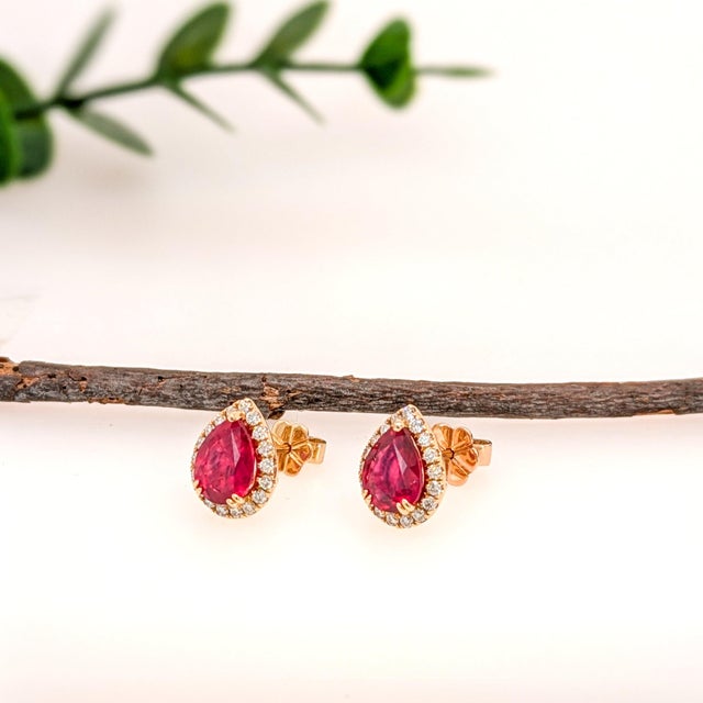 Contemporary 2.86ct Madagascar Ruby Earrings With Natural Diamond Halo in Solid 14k Gold, Pair For Sale - Image 3 of 4