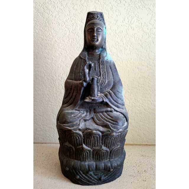 19th Century Chinese Bronze Seated Guanyin With Mark, Qing Dynasty For Sale - Image 10 of 12
