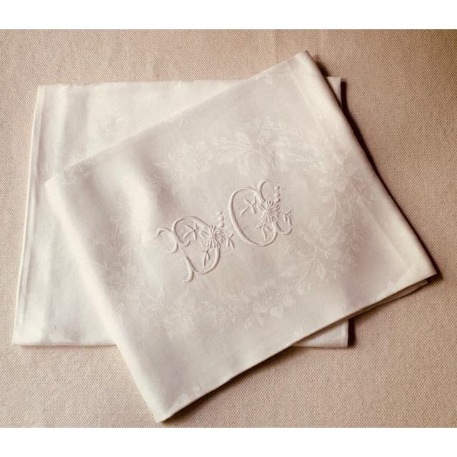 Antique French Damask Linen Napkins, Monogrammed Dc, Birds & Floral Wreath, Pair | C. 1900 For Sale - Image 18 of 18