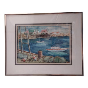 Late 20th Century Maxwell Mandell Fishing Cove Watercolor Painting
