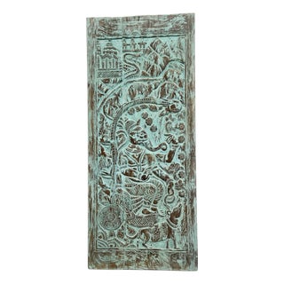 Vintage Hand-Carved Radha Krishna Wall Panel, Blue Barn Door Decor 96x40 For Sale