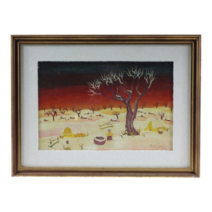 "Firesky Over Winter Village" - Mid 20th Century Original Acrylic on Canvas Board Signed, Framed