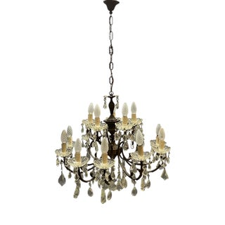 Vintage Bronze Crystal Chandelier 15 Lights, 1950s For Sale