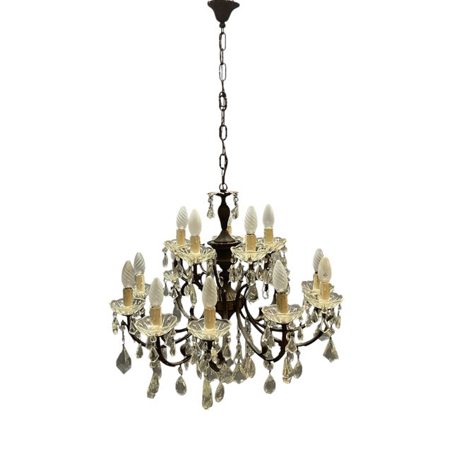 Vintage Bronze Crystal Chandelier 15 Lights, 1950s For Sale