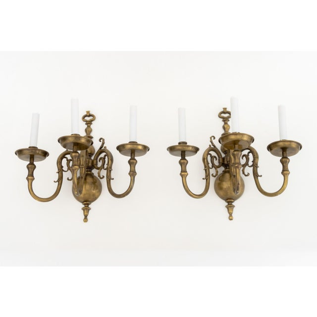 Metal Pair of Dutch Style Bronze Three-Branch Wall Sconces For Sale - Image 7 of 10