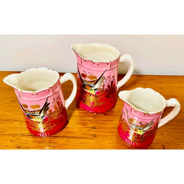 Bright Pink Hand Painted Gilt Bird Pitchers, Set of 3 For Sale - Image 8 of 10