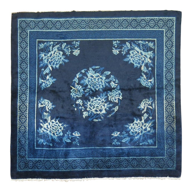 Zabihi Collection Midnight Blue Antique Chinese Square Peking Rug For Sale