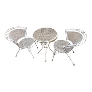 Wrought Iron Mid Century Modern Woodard Style White Curved Back 2 Chairs & Table For Sale