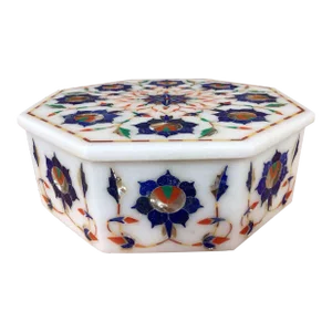 1970s White Marble Lidded Trinket Box With Blue Mosaic Inlay Design