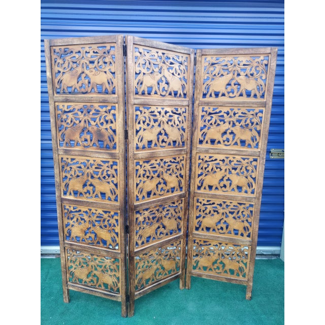Vintage Carved Wood Elephant 3 Panel Folding Floor Screen Room Divider