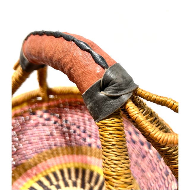 Vintage Handwoven African Bolga Market Basket With Leather-Wrapped Handle For Sale In Louisville - Image 6 of 9