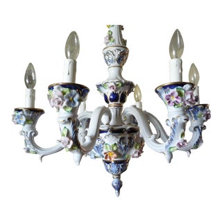 Vintage Dresden Style Rococo Capodimonte Italian Porcelain Floral 6-Light Chandelier For Sale