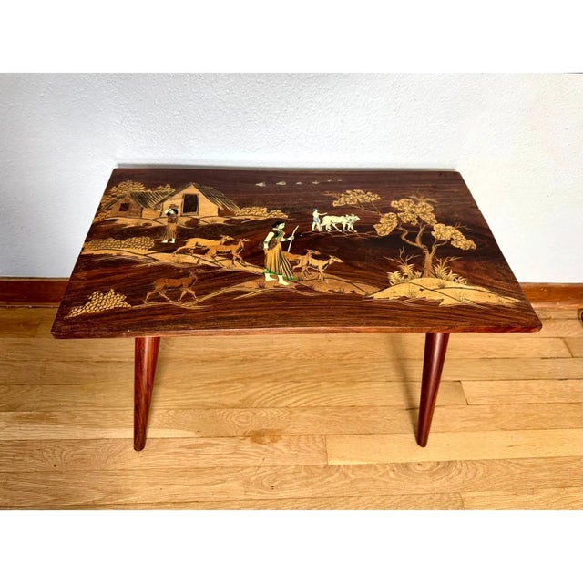 Indian 1950's Indian Rosewood & Bone Inlay Coffee Table Bench Removable Legs Serving Tray For Sale - Image 3 of 17