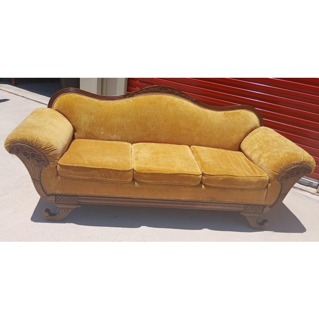 Vintage Victorian Camelback Duncan Phyfe Style Gold Velvet Sofa For Sale - Image 9 of 13