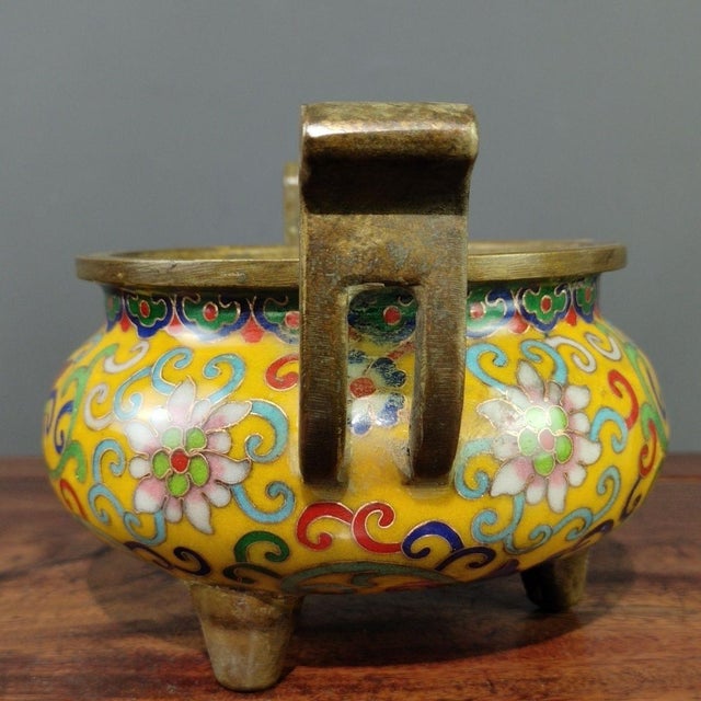 Yellow Vintage Yellow Ground Cloisonne Enamel Bronze Censer, Two-Handle Tripod Incense Burner For Sale - Image 8 of 9