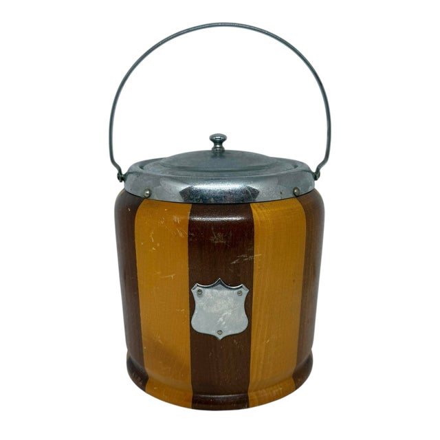 Mid‑20th Century English Striped Oak Biscuit Barrel — Cream Glaze Interior, Silver‑Plate Accents For Sale - Image 12 of 12