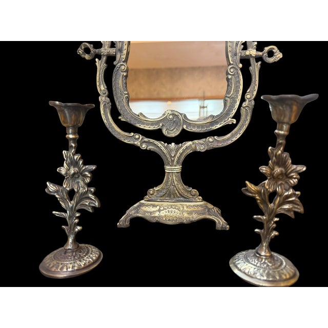 Victorian Handmade Antiqued Brass Mirror Candlestick Set For Sale - Image 3 of 14