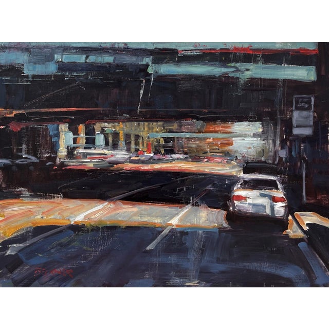 Long Shadows by Jim Beckner | Oil on Panel Painting of a city street with cars and shadows. For Sale