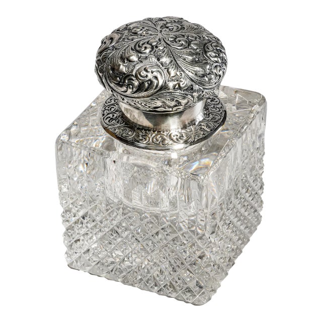 Exceptional Huge Antique Sterling Silver Black, Starr & Frost Cut Crystal Victorian Desk Paperweight Inkwell Luxury Home Decor For Sale