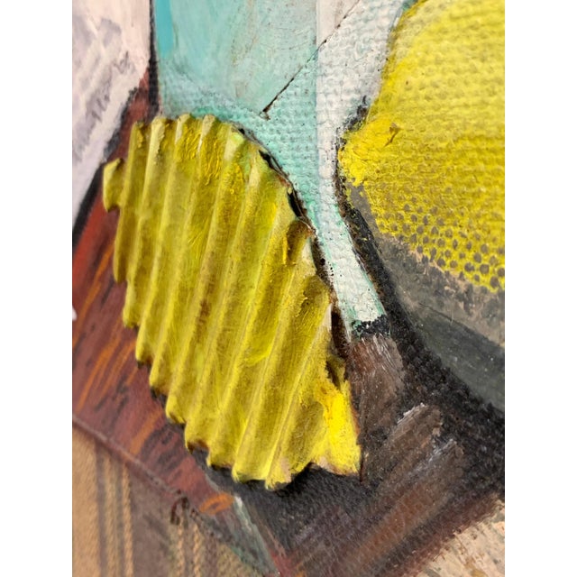 Textile Midcentury Mixed-Media Cubist Still Life Oil on Canvas For Sale - Image 7 of 10