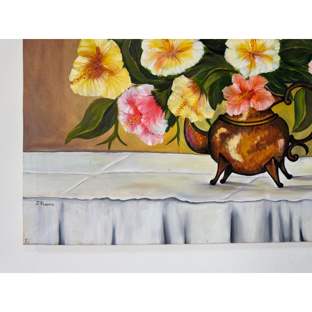 Textile J. Francis Floral Impressionist Still Life Oil on Canvas Painting – Unframed For Sale - Image 7 of 11