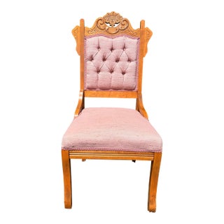 Antique Eastlake Victorian Parlour Side Chair With Pink Dupioni Silk Upholstery For Sale