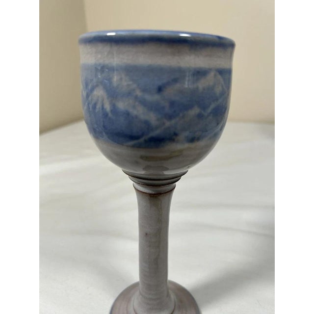 Blue Vintage Signed Studio Pottery Chalice Wine Goblets Set of 5 Mountain Art For Sale - Image 8 of 11