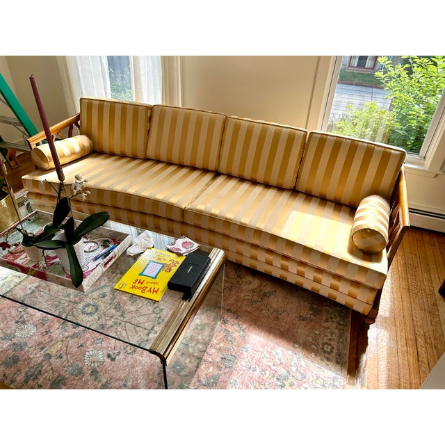 1950s Custom Made Mid-Century Modern Satin Upholstered Curved Sofa For Sale - Image 9 of 9